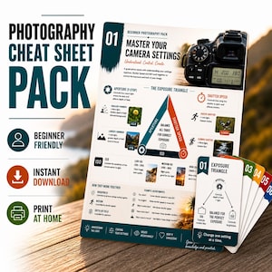 May include: A photography cheat sheet pack with the text "Photography Cheat Sheet Pack" and "Beginner Friendly". The pack includes cards explaining camera settings, the exposure triangle, aperture, shutter speed, and ISO. A digital camera is also visible.