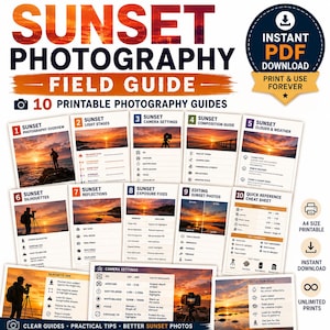 Guía de campo para fotografía de atardeceres (PDF imprimible), hojas de referencia rápida para la configuración de la cámara, guía de fotografía para principiantes, descarga digital en formato A4.