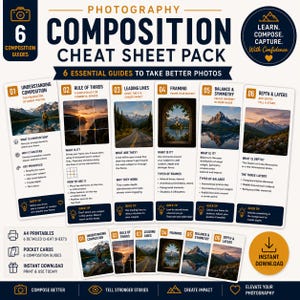 Op de afbeelding: Een set spiekbriefjes voor fotografiecompositie met zes gidsen: Understanding Composition, Rule of Thirds, Leading Lines, Framing, Balance & Symmetry en Depth & Layers. Bevat A4-afdrukken en zakkaarten voor directe download.