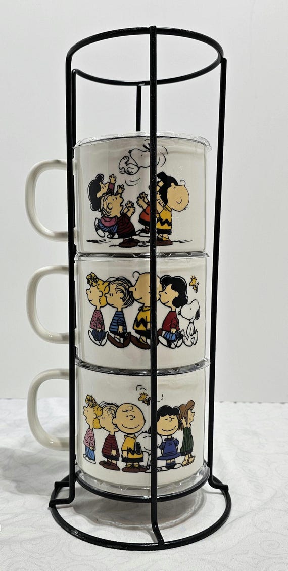 Three Vintage Peanuts Stacking Mugs – Snoopy, Charlie Brown, Lucy – 1970s Comic Strip Coffee Cups