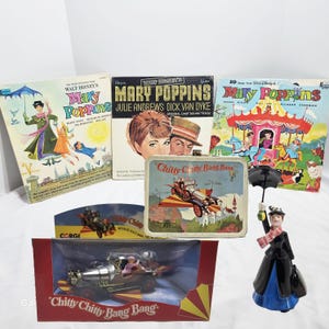 Set de colección de Mary Poppins y Chitty Chitty Bang Bang: 3 discos, figura, lonchera y coche de fundición. Pack de regalo de película vintage.
