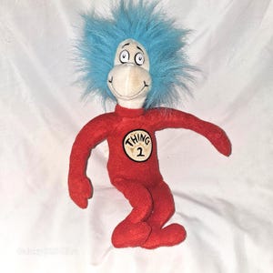 Vintage Dr. Seuss Thing 2 Plush Toy – Red Outfit, Blue Hair, 12 inch Collectible Doll