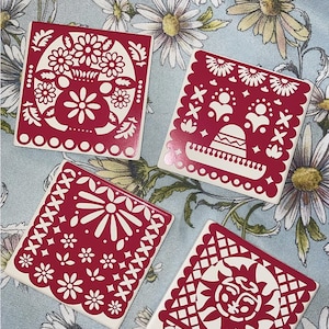 Papel Picado Coasters Set of 4 | Handmade | Housewarming | Mexico | Customizable | Cindo De Mayo Gifts | Mexican Culture