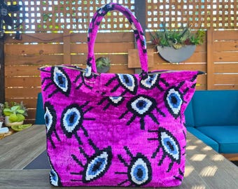 Handmade Fuschia Evil Eye Silk Velvet Tote Bag | Foldable Ikat Shoulder Bag