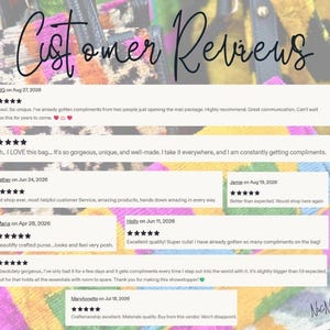May include: A graphic display titled Customer Reviews featuring multiple five-star ratings and written feedback from various individuals. The background shows a blurred, colorful patterned textile bag with the McNat Atelier logo in the corner.