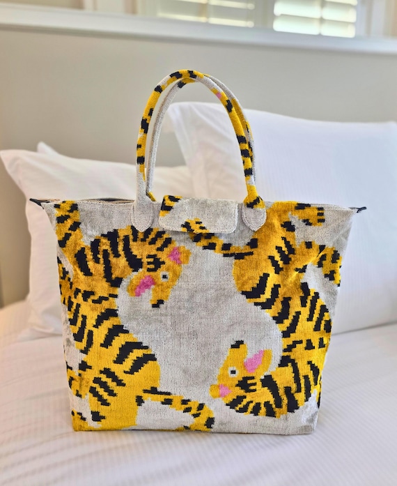 Handmade Animal Print Velvet Ikat Tote | Foldable Travel Bag