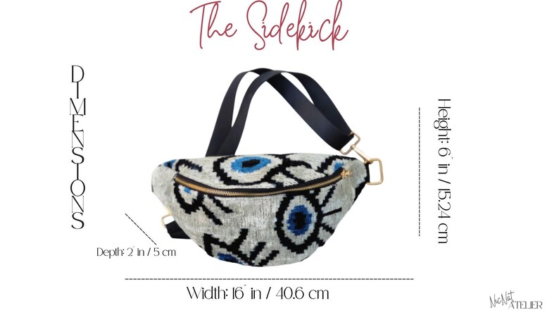May include: A belt bag titled The Sidekick with a grey fabric featuring a black and blue eye pattern. It has a black strap and gold zipper. Dimensions are 40.6 cm wide, 15.24 cm high, and 5 cm deep. The brand name McNAT ATELIER is visible.