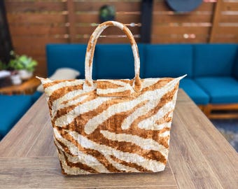 Handmade Silk Velvet Ikat Tote Bag: Taupe Zebra Foldable Travel Shoulder Bag