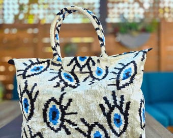 Handmade Evil Eye Silk Velvet Ikat Tote | Foldable Travel Bag