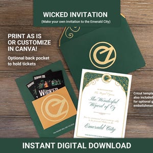 Wicked: Smaragdstadt Einladung. Digitaler Download, Anfertigen in Canva, breitbaner kartenhalter, Geburtstagseinladung, böse Ereignis einladen