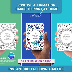 Affirmationskarten zum Ausdrucken für zu Hause: 50 Mindful Messages zum Ausmalen, positive Sätze, PLUS - Erstelle deine eigenen positiven Affirmationen in Canva