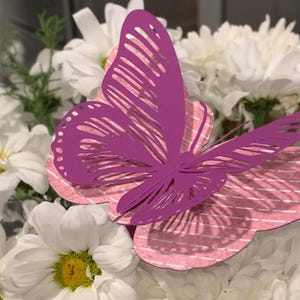 以下が含まれることがあります： ピンクと白のストライプの背景に、紫色の蝶の紙切り。蝶は背景の上に重ねられており、羽に複雑な切り抜きが施されています。