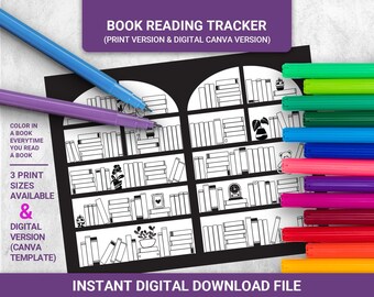 読書トラッカー：本棚の印刷用データ（デジタルダウンロード）、編集可能なCanva版も含まれています