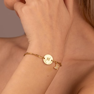 Personalisierte Paperclip Kettenarmband, Geschenk für Muttertag, Name Armband, Disc Brief Armband, Datum Armband, Stein Schmetterling Armband