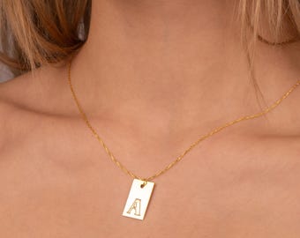 Personalized Rectangle Letter Necklace, Mothers Day Gift, Custom Engraved Initial Necklace, 14K Gold Plated Letter, Pendant Initial Jewelry
