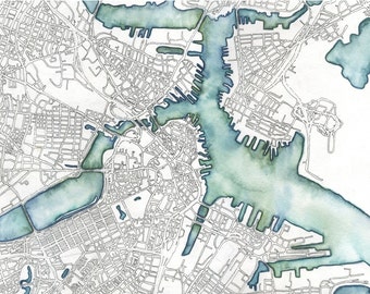 May include: A watercolour map depicting a city with a harbour, showing a network of streets and buildings in white against a white backdrop. The harbour and surrounding areas are shaded in blue and green hues.