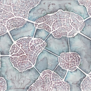May include: A watercolour painting depicting a stylized city map. The map shows interconnected circular city sections with white streets and buildings, surrounded by blue-grey water. The city sections have a reddish-brown hue.