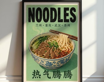 Chinese Noodles Vintage Poster, Retro Ramen Wall Art for Asian Kitchen Decor