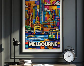 Melbourne Poster, Melbourne Travel Poster, Australia Wall Art Print, Melbourne Skyline Illustration, Melbourne City Art, Australia Landmark