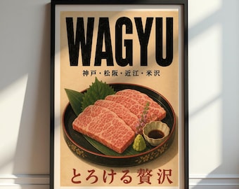 May include: A framed poster featuring the text WAGYU at the top and Japanese characters below. The central image shows raw, marbled beef slices on a black plate with a green leaf, a small bowl of dark sauce, and a dollop of green wasabi paste.