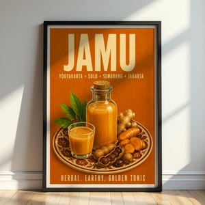 Op de afbeelding: Een ingelijste poster met het woord JAMU in grote letters, de tekst YOGYAKARTA, SOLO, SEMARANG, JAKARTA en HERBAL, EARTHY, GOLDEN TONIC. Het toont een glazen fles en een klein glas met oranje vloeistof op een bord met patroon en gember.