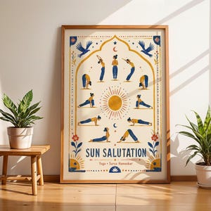 Lámina con secuencia de yoga, póster de saludo al sol con diseño de Surya Namaskar.