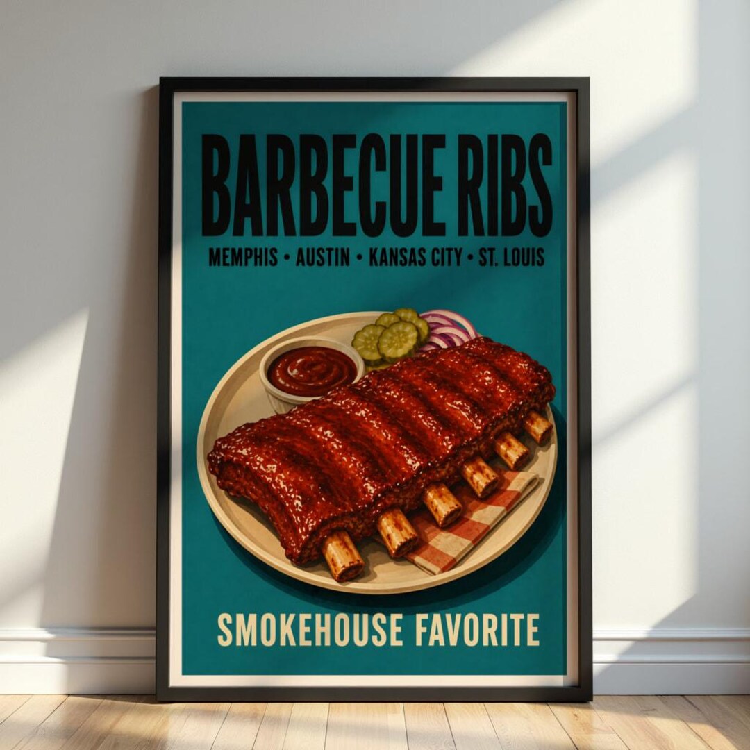 Poster Ribs Vintage Barbecue Ribs Poster, Retro BBQ Kitchen Wall Art, Smokehouse ...