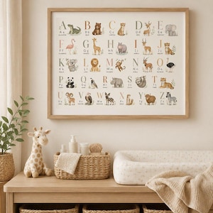 May include: A framed alphabet wall art print featuring watercolor illustrations of animals from A to Z, including an alligator, bear, cheetah, deer, elephant, flamingo, giraffe, hippo, impala, jaguar, koala, lion, monkey, newt, ostrich, panda, quail, rhino, sloth, tiger, urial, vulture, wild dog, xerus, yak, and zebra.