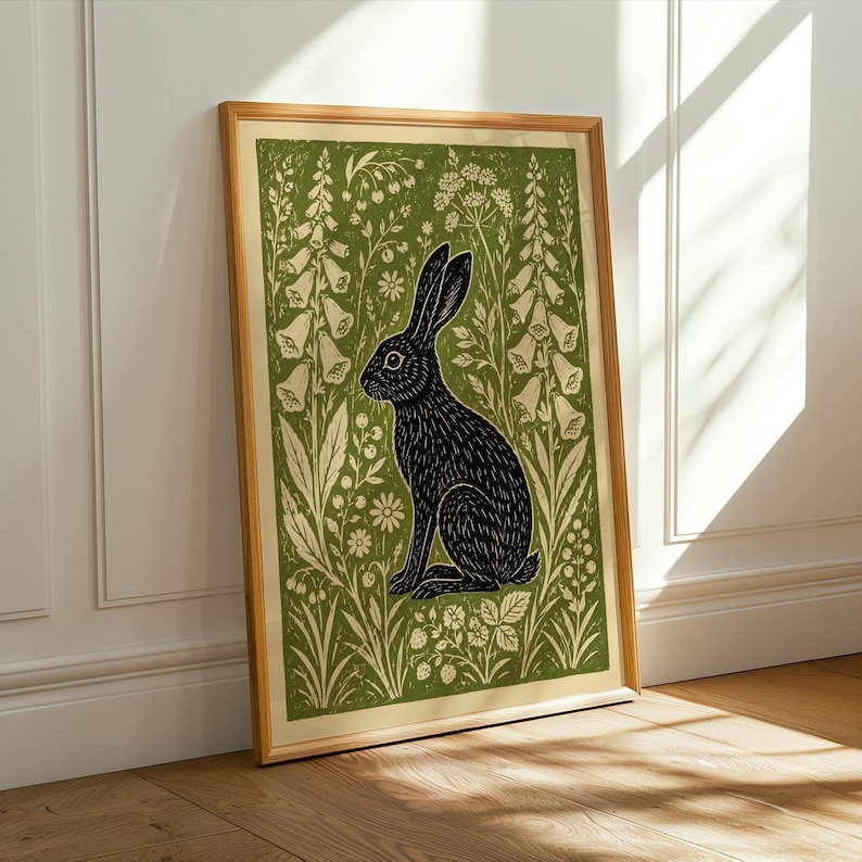 Hare Linocut Print, Woodland Rabbit Wall Art, Botanical Folk , Olive Green Decor image 5