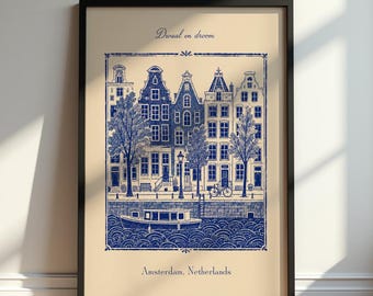 Amsterdam Canal Poster, Dutch Architecture Print, Cityscape Wall Art, Historic Streets Decor, Travel Illustration
