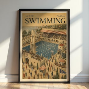 Può includere: Un poster in stile vintage intitolato SWIMMING, datato 19 luglio 1930, con un prezzo di 20 centesimi. L'illustrazione raffigura un affollato natatorium all'aperto con una grande piscina blu, un trampolino, tribune e numerosi spettatori.