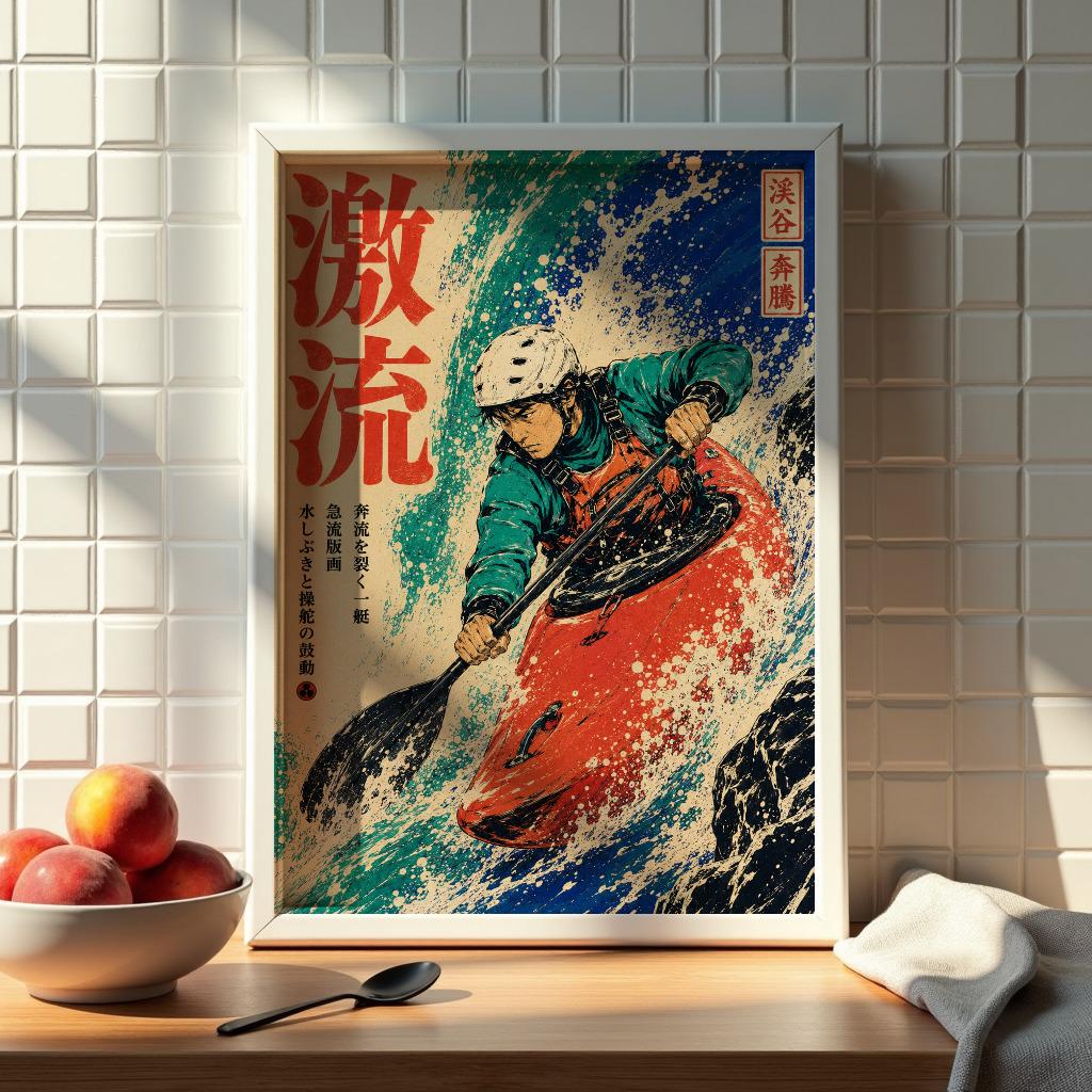 Japanese Whitewater Kayak Poster, Retro River Adventure Wall Art