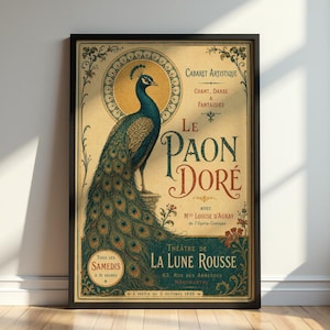 Peacock Poster, Art Nouveau Wall Art, Vintage French Cabaret Print, Teal Gold Home Decor