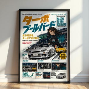 Op de afbeelding: Een verticale poster met een zilveren sportwagen en een gele sportwagen op een snelweg in de nacht. Het ontwerp bevat Japanse tekst, de woorden Nagoya Turbo Boulevard en kleinere ingevoegde afbeeldingen van motoren en stadsgezichten.