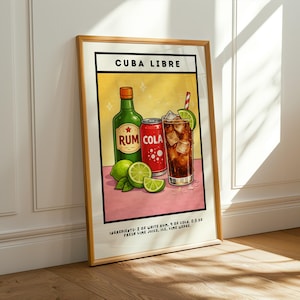 Puede incluir: Impresión artística enmarcada con una ilustración del cóctel Cuba Libre. La imagen incluye una botella de ron verde, una lata de cola roja, un vaso de cóctel con hielo y rodajas de lima. El texto "CUBA LIBRE" está en la parte superior.