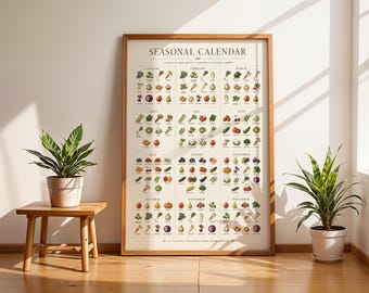 Seizoenskalender voor groenten en fruit, poster met fruit- en groentegids, muurdecoratie voor de boerenmarkt
