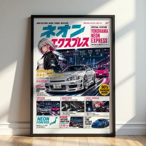 Könnte beinhalten: Ein vertikales Poster im Magazin-Layout mit dem Titel Yokohama Neon Express. Es zeigt einen silbernen Sportwagen auf einer nächtlichen Autobahn, eine Figur mit kurzem weißem Haar, japanischen Text sowie kleine Bilder von Motoren und Straßen.