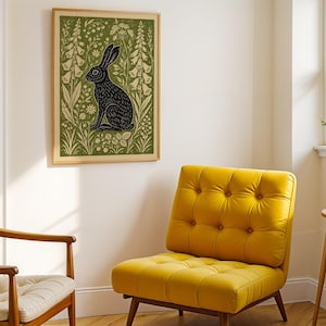 Hare Linocut Print, Woodland Rabbit Wall Art, Botanical Folk , Olive Green Decor image 2