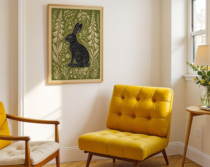 Hare Linocut Print, Woodland Rabbit Wall Art, Botanical Folk , Olive Green Decor image 2