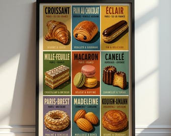 May include: A framed wall poster featuring a grid of nine French pastries with their names and regions printed in black text. The pastries include a croissant, pain au chocolat, éclair, mille-feuille, macaron, canelé, paris-brest, madeleine, and kouign-amann.
