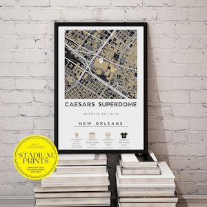 Individuell personalisierter minimalistischer Stadtplan von Dinos SuperDome Stadion, New Orleans| Erhältlich in Ikea-Rahmengrößen, perfektes maßgeschneidertes Geschenk
