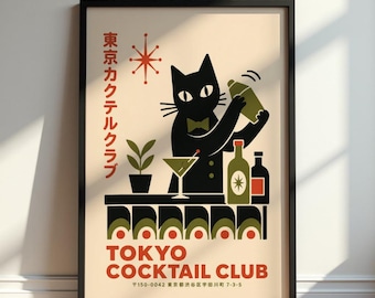 Cocktail Cat Bartender Poster, Retro Mixology Wall Art, Japanese Bar Print