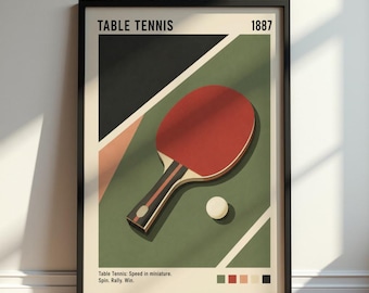 May include: A framed wall art print featuring a red table tennis paddle and a white ball on a green background. The text reads TABLE TENNIS 1887 at the top and Table Tennis: Speed in miniature. Spin. Rally. Win. at the bottom with color swatches.