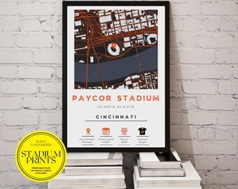 Custom Personalized Minimalist City Map of Paycor Stadium, Cincinnati, Ohio | Available in Ikea Frame Sizes, Perfect Customized Gift