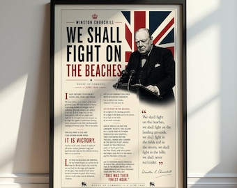Winston Churchill We Shall Fight on the Beaches Poster, WWII Speech Print, British History Wall Art, Inspirational Leadership Quote