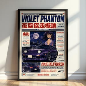 May include: Framed poster with a purple sports car design, the text "VIOLET PHANTOM", and Japanese characters. The artwork includes a woman, a full moon, and technical specifications. The poster is in a black frame.