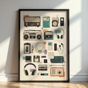 May include: A framed wall art print featuring a collection of vintage and modern audio electronics, including radios, a boombox, cassette tapes, headphones, a CD player, a digital music player, a floppy disk, and a portable speaker on a cream background.