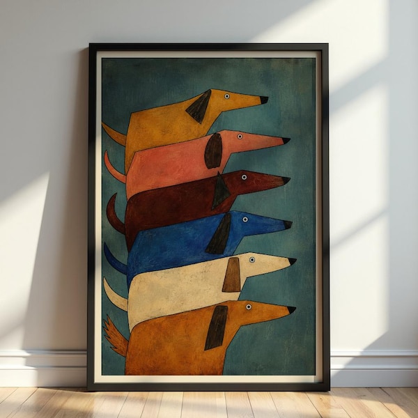 Mid Century Modern Dog Wall Art Print, Scandinavian Dachshund Poster, Retro Nordic Animal Decor, Minimalist Folk Pet Artwork