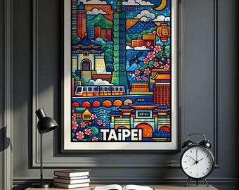 Taipei Poster, Taipei Travel Poster, Taiwan Wall Art Print, Taipei Skyline Illustration, Taipei City Art, Taiwan Landmark Decor