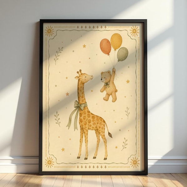 Lámina con globo de jirafa, arte infantil con osito de peluche, ilustración infantil caprichosa, póster color crema